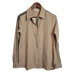 🔴 Mystree Womens Sude Button Shirt Button Design Arms Military Tan Small